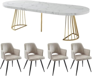 Vente-unique - Set Tisch FIRELA + 4 Stühle KADIJA - Marmor-Optik - Weiß & Beige