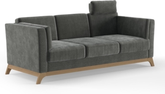 Cavadore 3er-Sofa Vida / 3-Sitzer Couch im trendigen Design mit massivem Holzrahmen in Buche, Kopfstütze mit Kuschelkissen / 213 x 84 x 93 / Mikrofaser, Grauoliv
