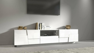 Dmora - TV-Ständer Velio, niedriges Wohnzimmer-Kommode mit 2 Türen und 1 Schublade, TV-Ständer-Basis, 150 x 44 x 46 cm, glänzendes Weiß