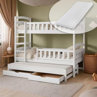 Kids Collective Etagenbett Hochbett Kinderbett 90x200 cm mit Lattenrost und Rausfallschutz, mit Ausziehbett, zwei Schubladen und drei Matratzen, weiß