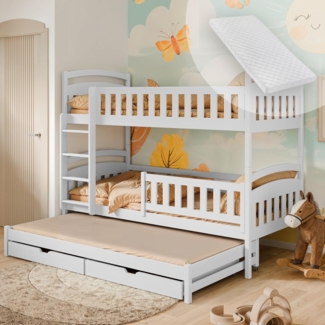 Kids Collective Etagenbett Hochbett Kinderbett 90x200 cm mit Lattenrost und Rausfallschutz, mit Ausziehbett, zwei Schubladen und drei Matratzen, weiß