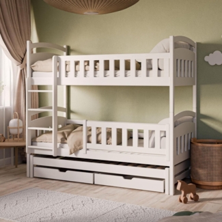 Kids Collective Etagenbett Hochbett Kinderbett 90x200 cm mit Lattenrost und Rausfallschutz, mit Ausziehbett, zwei Schubladen und drei Matratzen, weiß