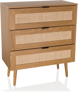 hjh LIVING Kommode mit Rattangeflecht 80 x 40 x 90 cm BOHEO K Schrank mit 3 Schubladen, Schubladenkommode mit viel Stauraum, Eiche-Optik