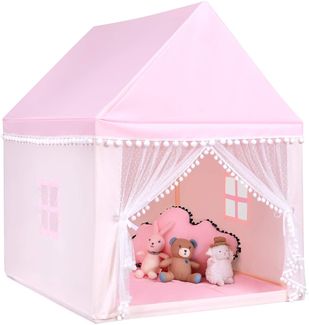 COSTWAY Prinzess Prinzessin Kinderzelt, Stoffzelt / Massivholzrahmen / Baumwolldecke pink, 120 x 105 x 140 cm