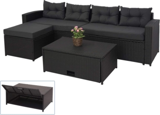 Poly-Rattan Garnitur HWC-J34, Balkon-/Garten-/Lounge-Set Sitzgruppe Sofa, Staufach ~ schwarz, Kissen dunkelgrau