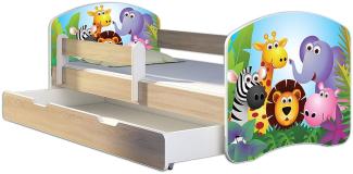 Kinderbett Jugendbett mit einer Schublade und Matratze Sonoma mit Rausfallschutz Lattenrost ACMA II 140x70 160x80 180x80 (01 Zoo, 160x80 + Bettkasten)