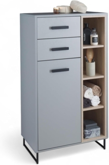 Stella Trading Tunis Badezimmer Kommode in Grau/Eiche Sonoma Optik - Badezimmerschrank Bad Schrank mit viel Stauraum - 65 x 116 x 38 cm (B/H/T)