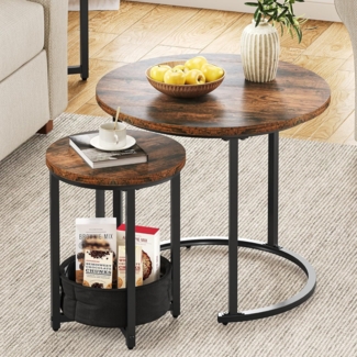 YITAHOME Couchtisch 2er Set Rund, Wohnzimmertisch Modern mit Stofftasche zur Stauraum, Beistelltisch 2er Set Stapelbar mit Holzplatte und Metallrahmen, Couch Tisch Wohnzimmer Heimbüro