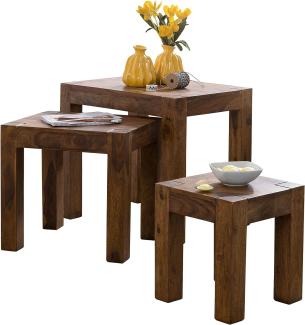 Wohnling 3er Set Satztisch Massiv-Holz Sheesham Wohnzimmer-Tisch