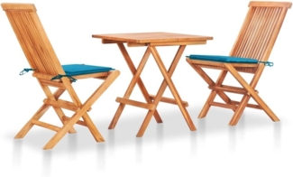 3-tlg. Bistroset mit Blauen Kissen Massivholz Teak