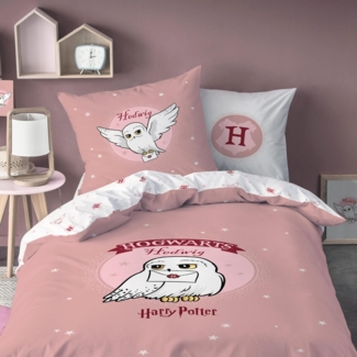 MTOnlinehandel Bettwäsche Harry Potter "Fly Hedwig" Renforcé in 135x200 + 80x80 cm, 100% Baumwolle, 2 teilig, Kinderbettwäsche-Set in Rosa für alle Hogwarts Fans