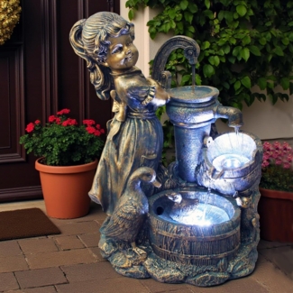 Arnusa Gartenbrunnen Springbrunnen Heidi mit Gänse BK855 Gartendeko Wasserspiel Gartenfigur, mit LED Beleuchtung
