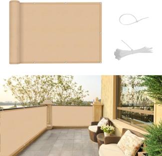 SUNNY GUARD Balkon Sichtschutz 90x300cm Balkonabdeckung PES UV-Schutz Balkonverkleidung wetterfester,mit Kabelbinder,Sandbeige