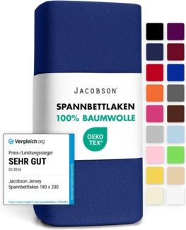 Jacobson Jersey Spannbettlaken Spannbetttuch Baumwolle Bettlaken (90x200-100x200 cm, Royal Blau)