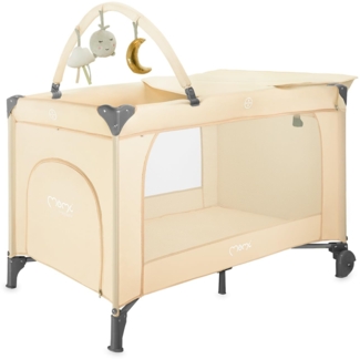 MoMi Kinder- und Baby-Reisebett-Set BELOVE PLUS 2-in-1, faltbar, 2 Schlafebenen für Babys bis 9 kg und Kinder bis 15 kg mit Kindermatratze, Spielbügel, Wickelauflage und Tragetasche