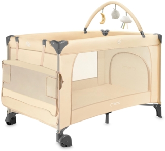 MoMi Kinder- und Baby-Reisebett-Set BELOVE PLUS 2-in-1, faltbar, 2 Schlafebenen für Babys bis 9 kg und Kinder bis 15 kg mit Kindermatratze, Spielbügel, Wickelauflage und Tragetasche