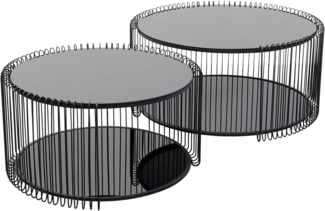 Kare Design Couchtisch Wire Double 2er Set, Schwarz, 63cm Durchmesser, Sicherheitsglas, Wohnzimmertisch, Stahlgestell, Tischplatte aus Glas, Wohnzimmer, Rund, 34 x 70 x 70 cm (H/B/T)