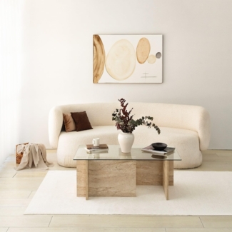 Hanah Home Elegant Coffee Table, Travertine Color, 105 x 40 x 65 cm | 100% Glass Top & Melamine Coated Particle Board | Stylish Marble Design for Modern Living Spaces