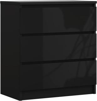 Kommode mit 3 Schubladen, Farbe: Schwarz Matt/Schwarz Glanz, H: 79 cm, B: 70 cm, T: 39 cm. Schrank für Wohnzimmer, Büro, Schlafzimmer