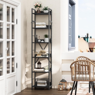 YITAHOME Bücherregal mit 6 Ebenen, bodenstehendes Bücherregal mit 4 Haken, Holzregal und Metallrahmen, Bücherregal, industrielles Hochregal zur Aufbewahrung für Wohnzimmer, Heimbüro, schwarzes