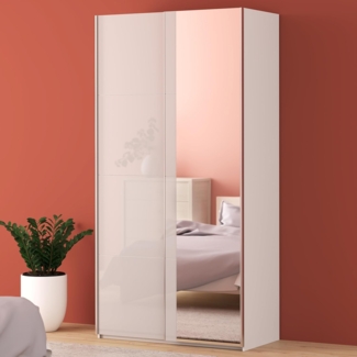 Forte FITTIO Kleiderschrank 120, moderner Schwebetürenschrank, 2-türig, Kleiderstange, Einlegeböden, Spiegel, Schlafzimmer, Holzwerkstoff, Weiß Hochglanz, 120,1 cm breit x 235 cm hoch x 61,2 cm tief