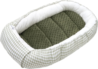 Medi Partners Babynest Nestchen für Neugeborene - 100 x 60 x 15 Babynestchen Baby zweiseitg Nest Bett 100% Baumwolle Minky Kuschelnest tragbar (Kariert mit olivfarbenem Minky)