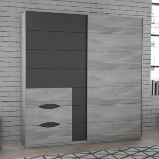 FORTE Universe Kleiderschrank 200, Moderner Schrank mit 2 Schwebetüren und 3 Schubladen, Holzwerkstoff, Nordisch Eiche Dekor/Unigrau, 200,1 cm breit, 209,7 cm hoch, 61,2 cm tief