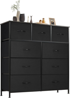 DUMOS Kommode mit Schubladen - Kommoden & Sideboards für Schlafzimmer Geeignet, Komodenschrank mit 9 Schubladen, Stoffkommode mit Stabilem Stahlrahmen, Ideal für Schlafzimmer, Wohnzimmer (Schwarz)