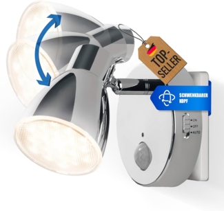 TRANGO LED Nachtlicht, Bewegungsmelder, 2635-018 LED Sensor Steckdosenlampe *MILO* mit Automatikfunktion in Chrom Sicherheitslicht 230V, Wandlampe, Orientierungslicht, Nachtlampe, Steckdosenlicht