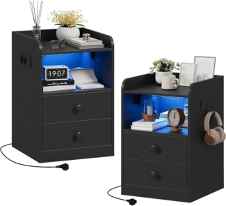 IRONCK Nachttisch 2er Set mit Steckdose und LED, Beistelltisch mit 1 USB & 1 Typ-C Anschlusse, Nachtschrank 2 Schubladen&offene Fächer, Sofatisch für Wohnzimmer, Schlafzimmer, Arbeitszimmer, Schwarz