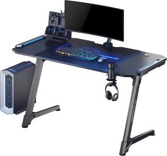 ULTRADESK Space XXL | Ergonomischer Gaming-Schreibtisch mit XXL-Mauspad, LED-RGB-Beleuchtung, Powerstrip-Regal, Tassenhalter | Stabiler Aluminiumrahmen, Blaues Pad, Z-förmige Beine, 156x64 cm