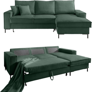 ECKSOFA mit Schlaffunktion, Bettkasten, Wellenunterfederung, Récamiere rechts 240/150/92 cm, Cord Grün