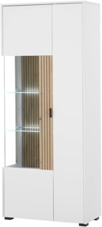 Lomadox Vitrine HUNTER-61 Vitrine Standvitrine weiß matt Eiche gerillt Beleuchtung 75x180x38 cm