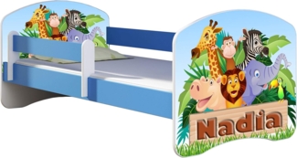 ACMA Kinderbett Jugendbett mit Einer Schublade und Matratze Blau mit Rausfallschutz Lattenrost II 140x70 160x80 180x80 (02 Animals Name, 140x70)