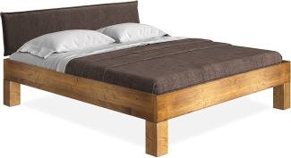 Möbel-Eins CURBY 4-Fuß-Bett mit Polster-Kopfteil, Material Massivholz, rustikale Altholzoptik, Fichte vintage 90 x 200 cm Standardhöhe Stoff Braun ohne Steppung