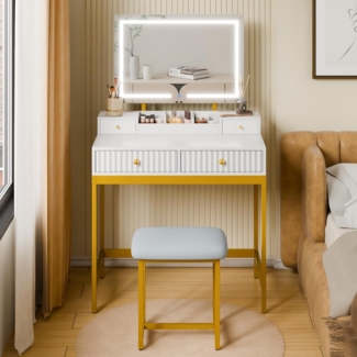 Mondeer Schminktisch mit Spiegel und Hocker, Schlafzimmer Frisiertisch mit 3 Farben LED-Beleuchtung 2 Schubladen 2 Schmuckkasten und 3 offenen Fächern, für Schlafzimmer, Weiß und Gold