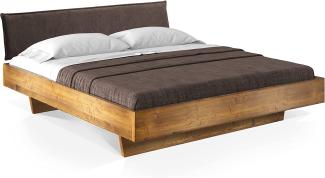 Möbel-Eins CURBY Wangenbett mit Polster-Kopfteil, Material Massivholz, rustikale Altholzoptik, Fichte gebürstet Vintage 180x200 cm Stoff Braun ohne Steppung
