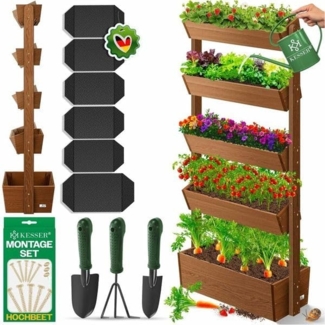 KESSER® Hochbeet mit Etagen Premium Blumenkasten Blumentreppe Pflanztreppe - Gemüsebeet Kräuterbeet Pflanzkübel Frühbeet Blumenbeet Pflanzkasten inkl. Gartenvlies- Beet für Terrasse Balkon & Garten Braun, 5 Etagen