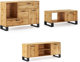 Skraut Home - Set Sideboard + TV-Schrank + Couchtisch Wohnzimmer - Loft-Modell - Esszimmer-Set - Widerstandsfähige Struktur - Einfache Montage - Rustikale Ausführung