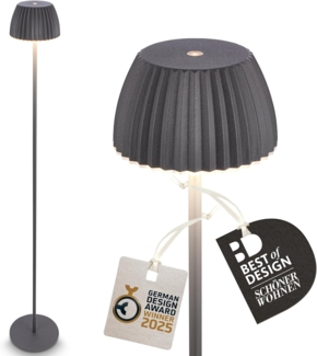 BRILONER - Riffle LED Stehlampe kabellos IP44 mit Touch, 19x124 cm, dimmbar, Memoryfunktion, Akku tauschbar, Akku Stehleuchte, Leselampe, Wohnzimmerlampe, German Design Award Winner 2025, Anthrazit