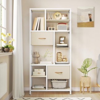 YITAHOME Bücherregal mit Schubladen, 7-stöckiges Standregal mit Stahlrahmen, Bodenstehendes Lagerregal, Industrieregal Aufbewahrungsregal, für Wohnzimmer, Büro, Flur, Küche, Eichenfarbe Regal