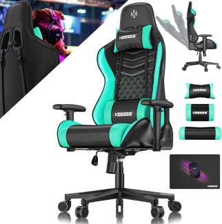 KESSER® Gamingstuhl mit Kopfstütze & Lendenkissen | Ergonomischer Gaming Sessel 150kg belastbar | Gamer Stuhl 360° Armlehne | Drehbarer Schreibtischstuhl Gaming Chair mit Mauspad + Gummi-Rollen Schwarz / Türkis