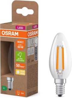 Osram Energy Class LED-Lampe in klassischer Minikerzenform, 3.8 W / 806 lm, EEK A, warmweißes Licht (2700 K), CRI 80, aus klarfarbenem bleifreiem Glas, E14 Sockel, IP20, 35 mm Durchmesser.