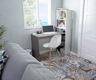 Dmora - Schreibtisch Denton, Wendeschreibtisch mit Bücherregal mit 5 Böden, Studier- oder Bürotisch für PC-Buchhalter, cm 120x53h144, Weiß und Oxid