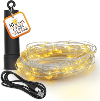 Spetebo LED-Lichterkette Outdoor Dekobeleuchtung Drahtlichterkette wiederaufladbar 10 m, 100-flammig, mit 8 Leuchtfunktionen und Timer - Leuchtdauer bis zu 10 Tage