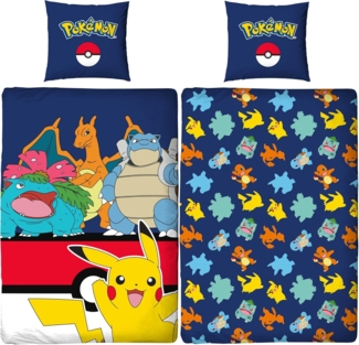 BERONAGE Kinderbettwäsche Pokemon Bettwäsche Pikachu Glurak Bisaflor Turtok Linon / Renforcé, 100% Baumwolle, 135x200 + 80x80 cm