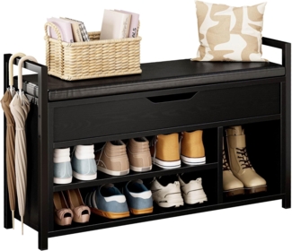 IRONCK Schuhbank mit Sitzfläche, Sitzbank mit Stauraum, Schuhschrank, offene Fächer, Metall Rahmen, Kunstleder, 130kg belastbar, Schuhregal für Eingang,Flur,Wohnzimmer,Schlafzimmer (Schwarz)