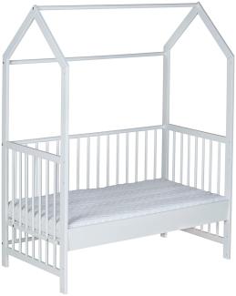 Schardt - Baby Hausbett Micky - Weiß - 60x120 cm - Stufenlos Höhenverstallbares Beistellbett - Inkl. Umbauseiten und Sicherheitsgurtsystem