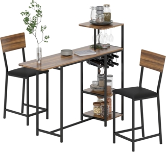 HOMCOM Bargruppe mit klappbar Küchentisch, Weinglashalter, Ablage, 2 Barstühlen, (Bartisch mit Barhocker Set, 3-tlg, Bartisch-Set), im Modern-Stil, für Esszimmer, Küche, Stahl, Braun