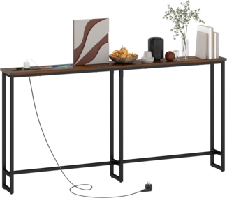 HOMCOM Konsolentisch Schmaler Sofatisch mit Ladestation, 160 cm lang (mit Stahlrahmen, 1-St, für Flur, Eingangsbereich, Wohnzimmer), rustikales Braun